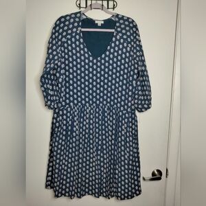 Garnet Hill (Size 16) Deep Blue & White Floral Bohemian Pocket SS Shift Dress